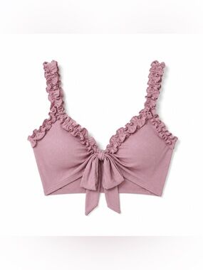 NWOT SHEIN Pink Tie Front Ruffle Frill Tie-Front Ribbed Crop Top